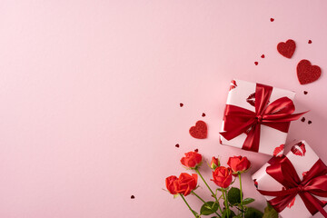 Obraz premium Romantic Valentine display with gift boxes, red ribbons, and fresh roses on a soft pink background, ideal for greeting cards, promotions, and love messages