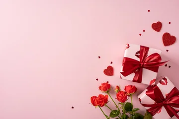 Fotobehang Muziek Romantic Valentine display with gift boxes, red ribbons, and fresh roses on a soft pink background, ideal for greeting cards, promotions, and love messages  © ActionGP