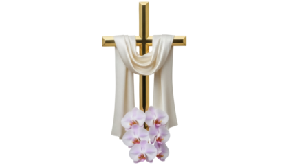 Golden Christian cross with white cloth and orchids isolated PNG, religious symbol for Easter and funeral services