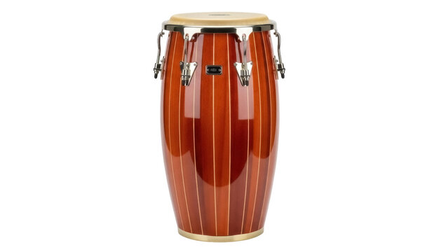 Wooden conga drum isolated PNG, percussion instrument with metal hardware and natural skin head for Latin music and rhythm
