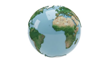 Earth globe PNG isolated on transparent background, realistic 3D rendering of world continents and oceans for geography and education