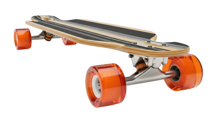 Longboard skateboard with orange wheels isolated PNG, extreme sports equipment for recreation and transportation on transparent background © Andrej
