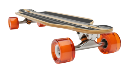 Longboard skateboard with orange wheels isolated PNG, extreme sports equipment for recreation and transportation on transparent background
