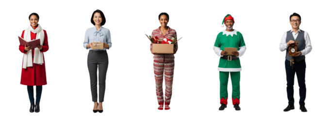A diverse group of smiling professionals, including a carol singer, gift consultant, Christmas curator, elf helper, and clockmaker. Isolated on transparent background, ideal for holiday marketing,