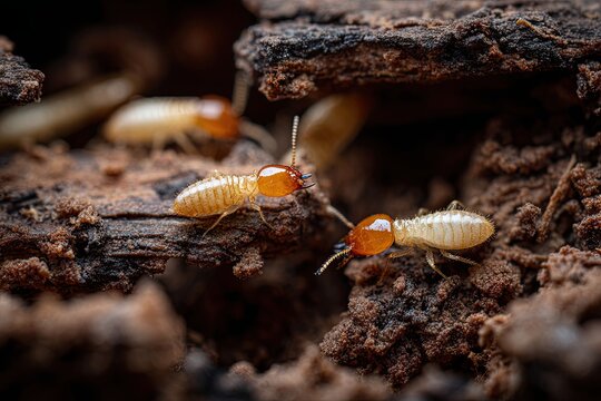 Close-up view of destructive termites foraging on decaying wood, highlighting their pestilent nature and potential structural damage.