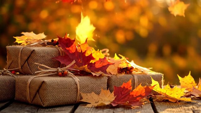 Fall gifts on wooden table with colorful leaves