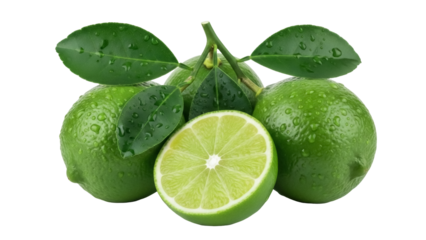 Fresh green limes with leaves isolated PNG, juicy citrus fruit for healthy eating and refreshing summer drinks on transparent background