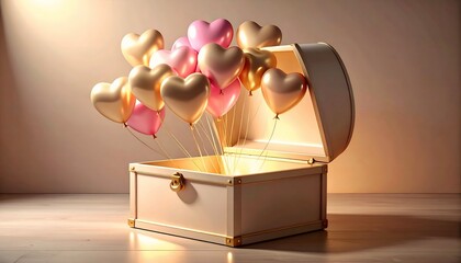 Open decorative chest with pink and gold heart balloons, Valentine’s Day style, bday style