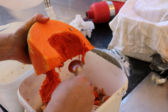 Male Hands Preparing Pumpkin for Soup at a Winter Market Stall