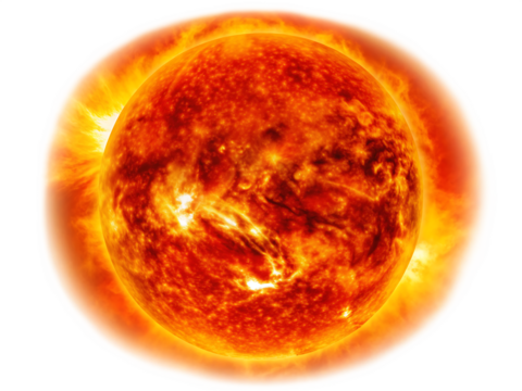 Fiery sun with glowing corona and solar flares isolated on a transparent background - Powered by Adobe