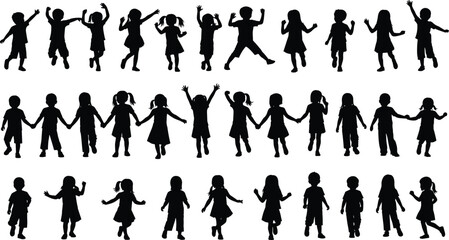 Children jumping silhouettes set isolated on white background, playful kids holding hands, joyful movement, childhood fun, active lifestyle, illustration