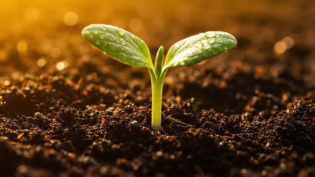 Tiny seedling emerging from soil at sunset