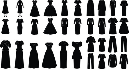 Fototapeta premium Women fashion clothing silhouettes set isolated on white background, dresses skirts pants collection, elegant apparel, design illustration, wardrobe concept, vector