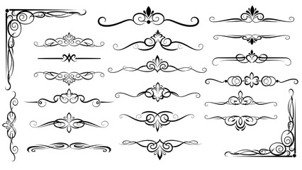 Fototapeta premium Ornate set of vintage vector design elements featuring decorative frames, calligraphic scrolls, and floral borders for elegant wedding invitations or Victorian page flourishes