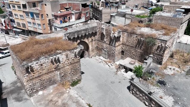 Drone aerial view of the historic Urfa Gate in Birecik Sanliurfa Turkey