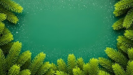 Festive green Christmas tree branches with falling snow creating a border for holiday messages and designs