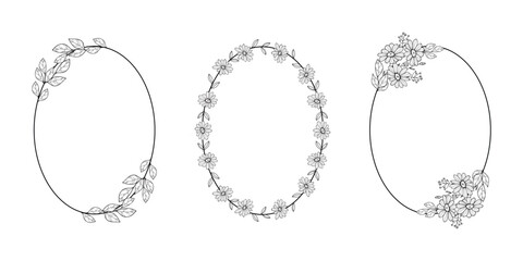 Hand Drawn Floral Wreath Set with Botanical Leaves and Flowers, Black and White Line Art