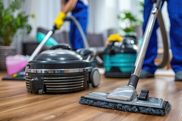 Professional cleaning crew with vacuums and mops diligently working on wooden floors, ensuring a spotless home.