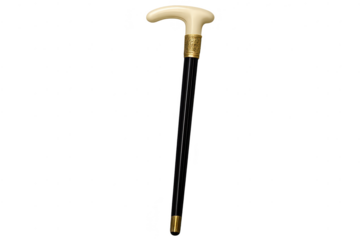 Ornate walking cane with a cream handle on transparent background.