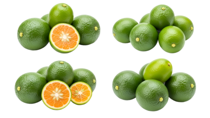 Fresh green oranges and cut oranges in a group