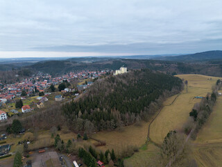 Friedrichroda in Thuringia on the Rennsteig mountain in autumn, drone shot