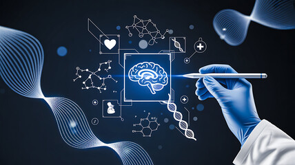 Digital illustration of brain research with dna, molecules, and medical icons representing neuroscience, genetics, and scientific innovation