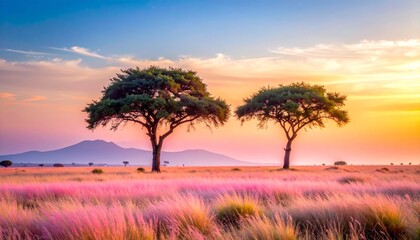 Obraz premium Trees rise in golden stillness—terrain shaped in grass, hue, and quiet breath.