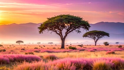 Obraz premium Trees rise in golden stillness—terrain shaped in grass, hue, and quiet breath.