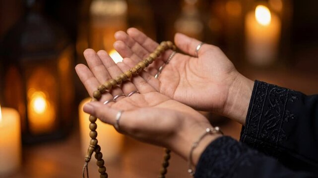 Close-up of muslim hands praying with tasbih beads during Ramadan with subtle warm lighting from traditional lanterns in the blurred background