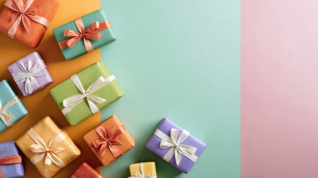 Gift boxes on colorful background, flat lay with space for text