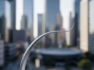 Reflective gleam accentuates sleek urban arc amidst morning haze