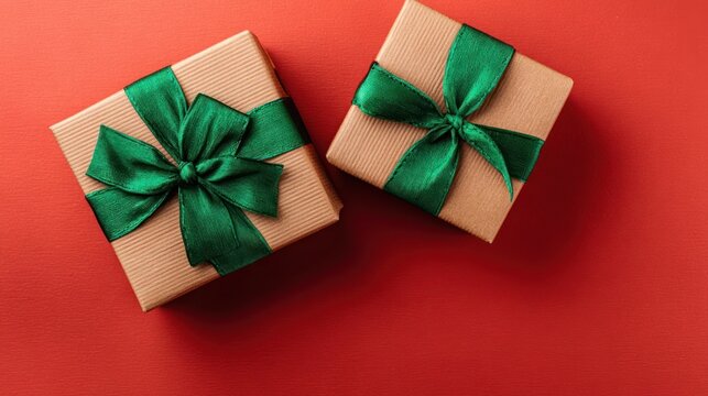Gift boxes with green ribbon on red background, top view flat lay, holiday concept with space for text banner