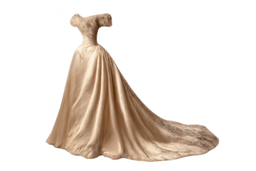 Elegant golden gown with train on a transparent background display.