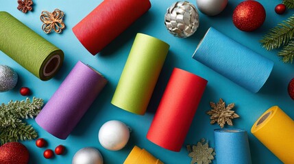 Gift boxes with paper rolls and Christmas decorations on colored background, top view