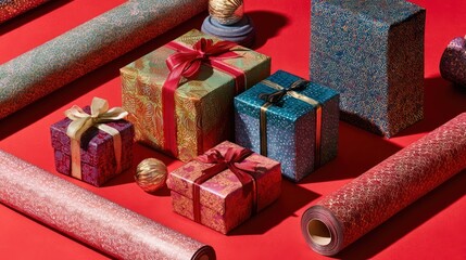 Gift boxes with velvet ribbons, wrapping paper rolls, and decorations on red background