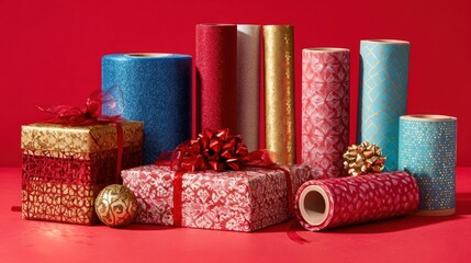 Gift boxes with velvet ribbons, wrapping paper rolls, and decorations on red background