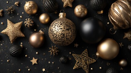 Gold and black ornaments with baubles and stars on a dark black table, top view flat lay