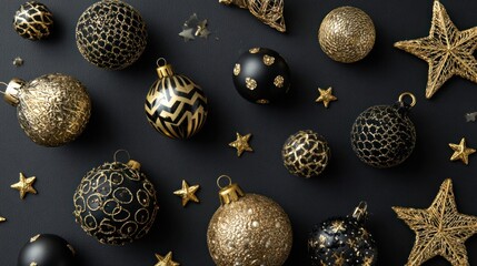 Gold and black ornaments with baubles and stars on a dark black table, top view flat lay