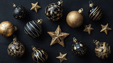 Gold and black ornaments with baubles and stars on a dark black table, top view flat lay