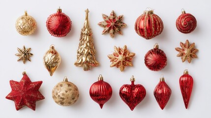 Gold and red Christmas decorations on white background, flat lay, top view
