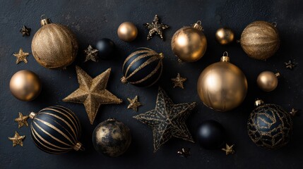 Gold and black ornaments with baubles and stars on a dark black table, top view flat lay