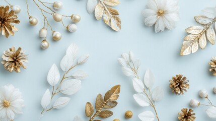 Gold and white holiday decorations on pastel blue background, flat lay top view