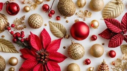 Gold and red Christmas decorations on white background, flat lay, top view