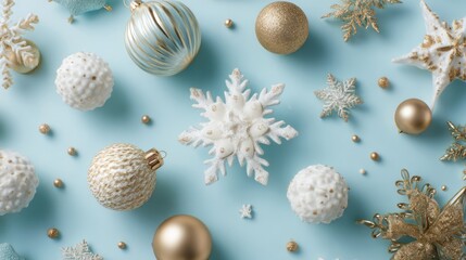 Gold and white holiday decorations on pastel blue background, flat lay top view