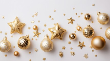 Gold Christmas balls and stars on white background, top view for greeting card or banner