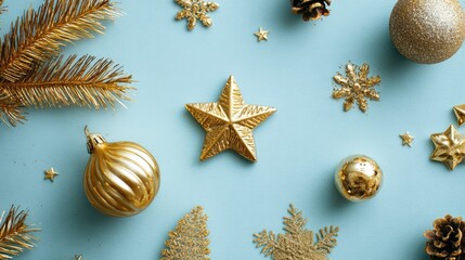 Gold Christmas decoration on blue pastel background, top view, flat lay