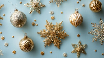 Gold Christmas decoration on blue pastel background, top view, flat lay
