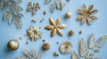 Gold Christmas decoration on blue pastel background, top view, flat lay