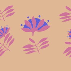 Horizontal  colored branch, flower. Hand drawn.