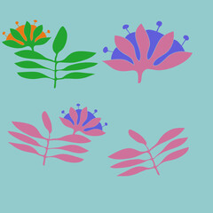 Cartoon  colored branch, flower. Hand drawn.